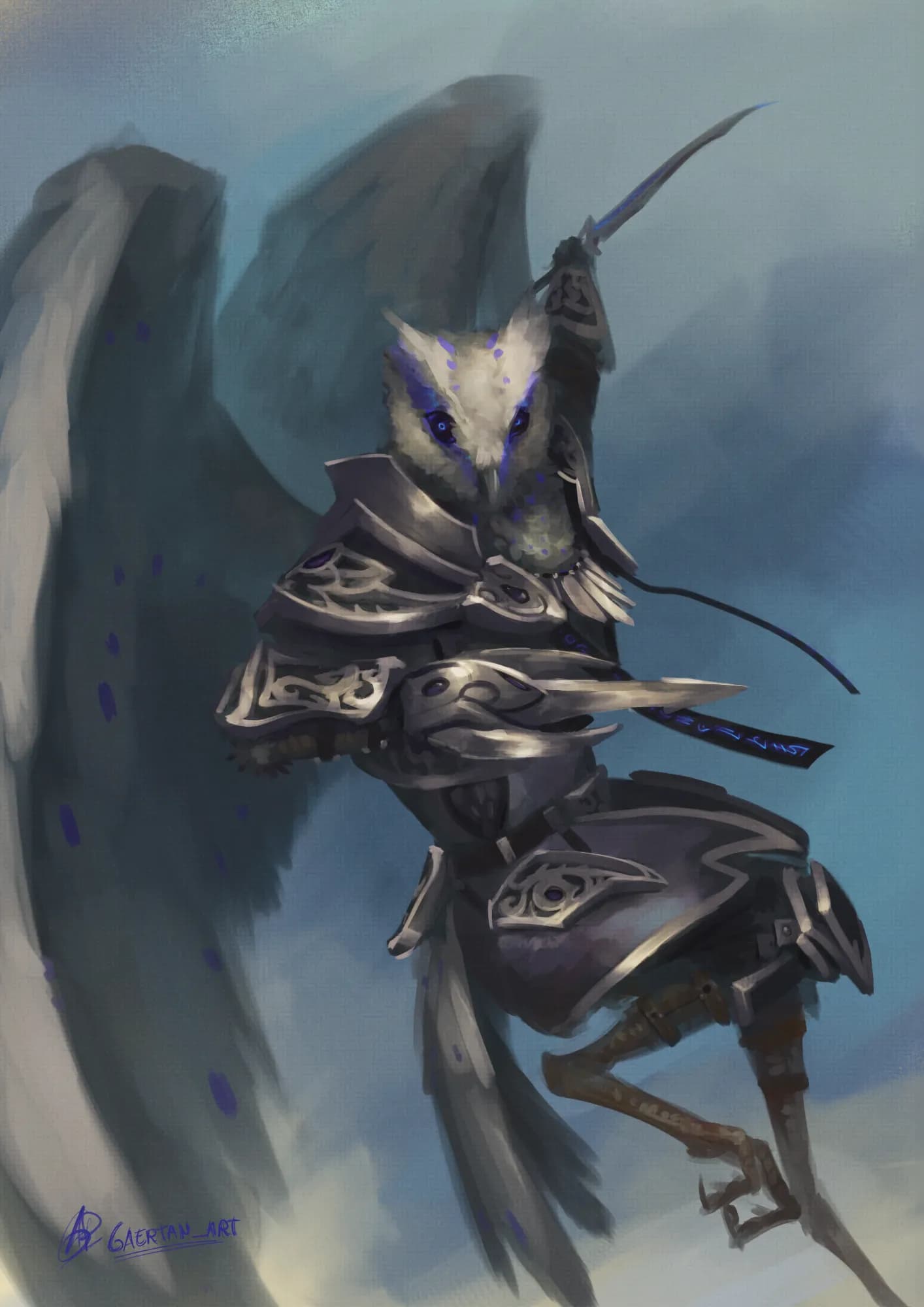 Digital illustration depicting an anthropomorphic barn owl , who is wearing an intrincate mix of clothing and armor in silver and blue-ish tones. The armor plates have a couple of hanging black scripts with glowing runes, which match the color of the also glowing owl eyes. They appear to be holding some sort of tri-bladed hand weapon as well as a sabre, and are  pointing with it somewhere while looking at the camera midflight.